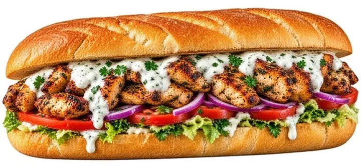 Chicken Thigh sandwich with tzatziki, tomato and red onion on brioche