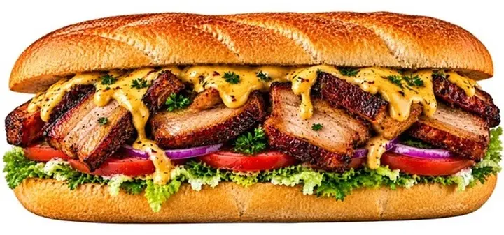 Pork Belly sandwich with honey mustard, tomato and red onion on brioche