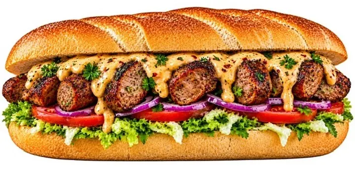 Greek Style Sausage sandwich with spicy feta dip, tomato and red onion on brioche