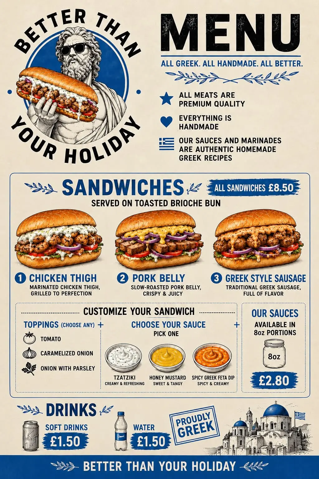 Original illustrated Better Than Your Holiday menu artwork featuring the Zeus character, sandwiches, sauces and drinks