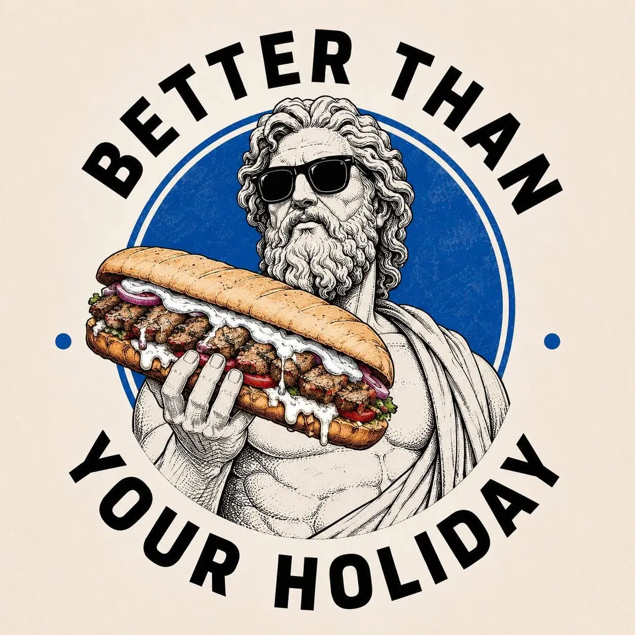 Better Than Your Holiday logo — Zeus character in sunglasses holding a Greek sandwich